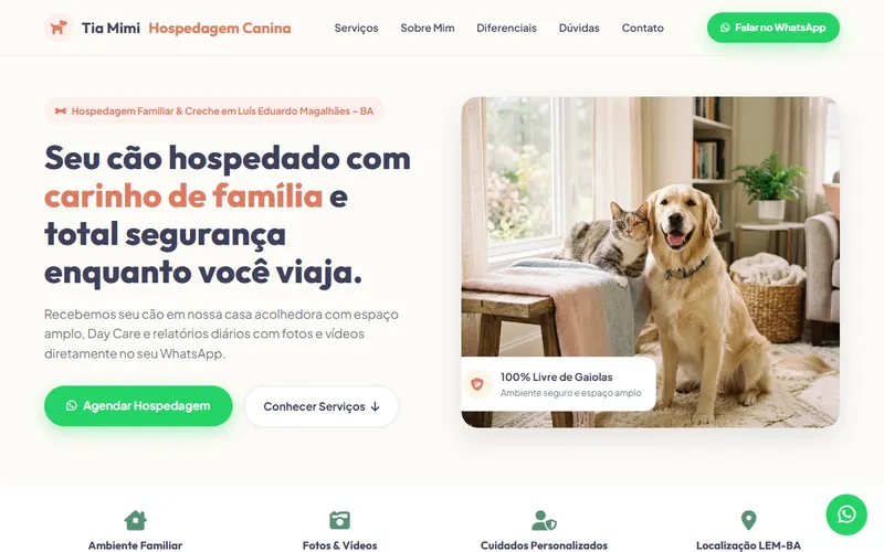 Página inicial do site Tia Mimi: Hospedagem e Creche Canina